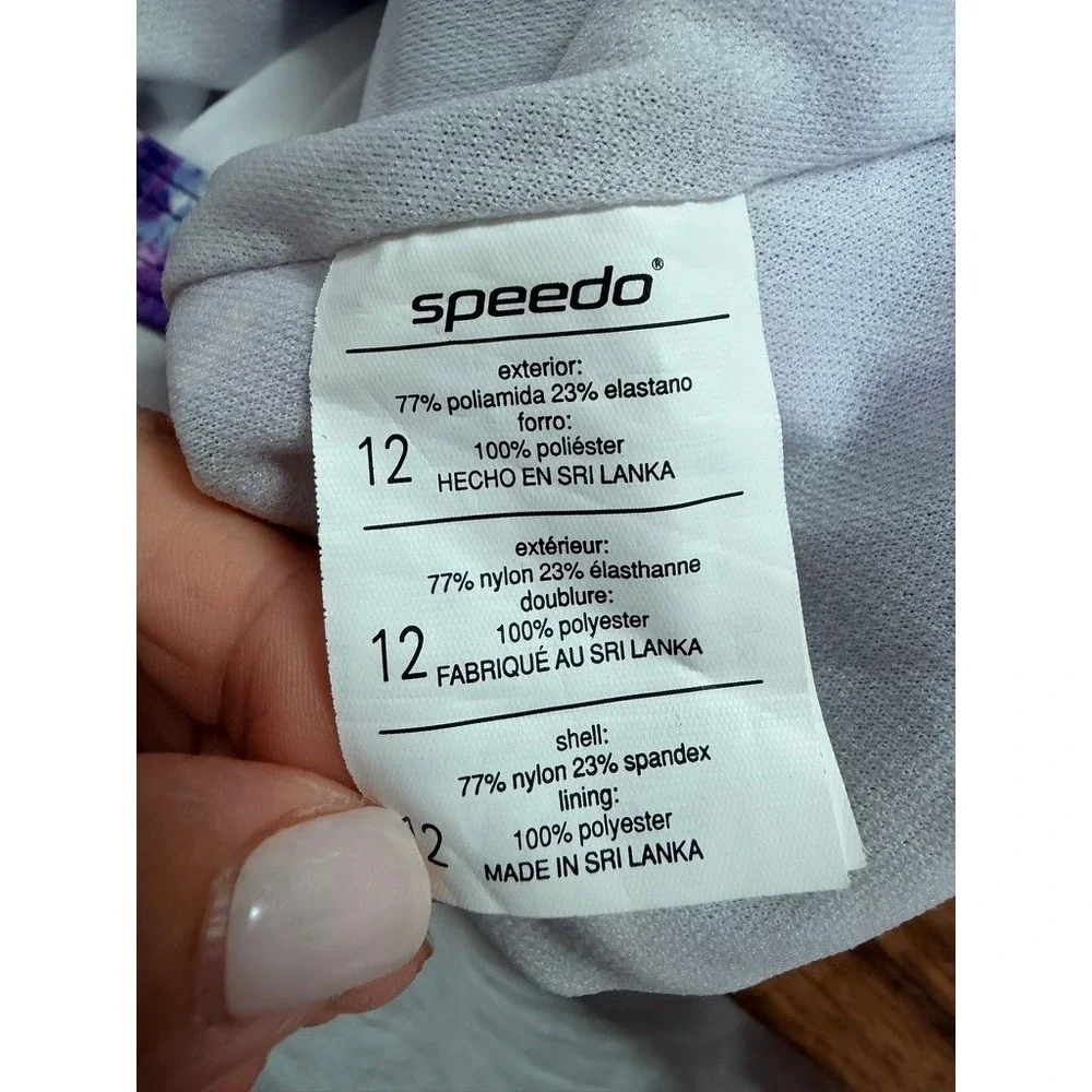 Speedo One Piece Swimsuit Womens Size 12 Purple Abstract Racerback Athletic Swim